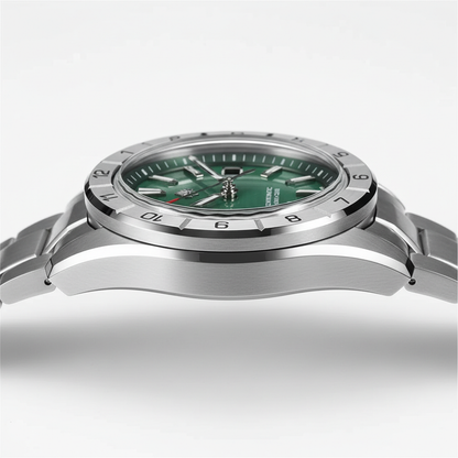 Side profile of San Martin SN0130 automatic sapphire watch showing slim stainless steel case and crystal height