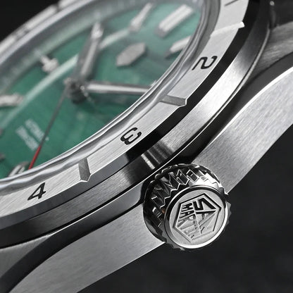 San Martin sapphire automatic watch crown with engraved logo close-up