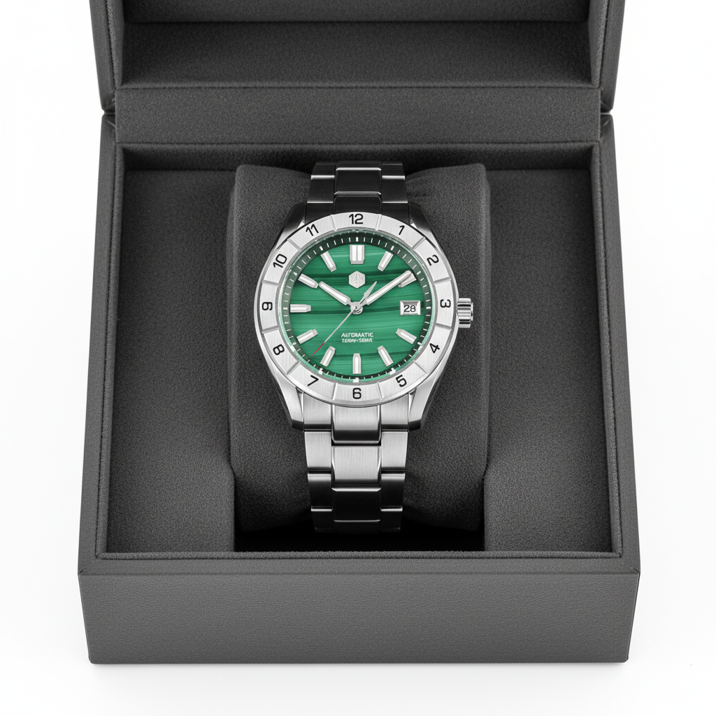 San Martin SN0130 automatic sapphire watch displayed in its official presentation box with green gemstone dial and stainless steel bracelet