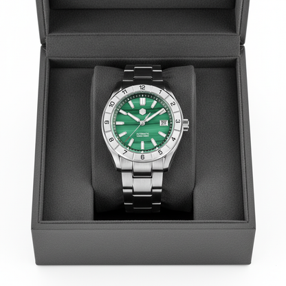 San Martin SN0130 automatic sapphire watch displayed in its official presentation box with green gemstone dial and stainless steel bracelet
