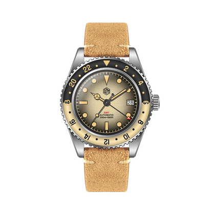 Watch with beige strap and black dial on a white background