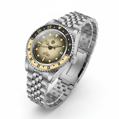 San Martin SN0134 - GMT A - gold dial, jubilee bracelet, Three quarter view