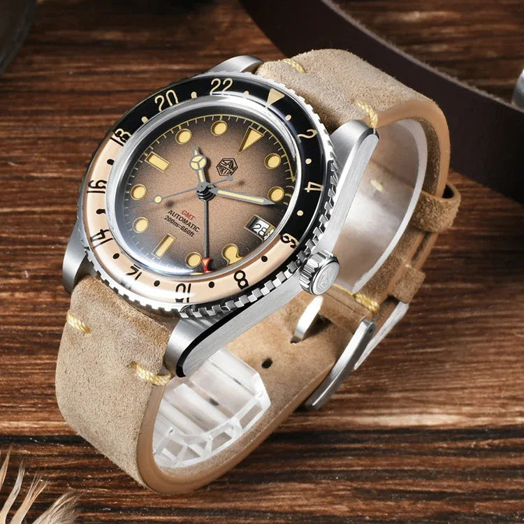 San Martin SN0134 – Men’s GMT Automatic Watch – Brown Dial Angled View on Wooden Surface