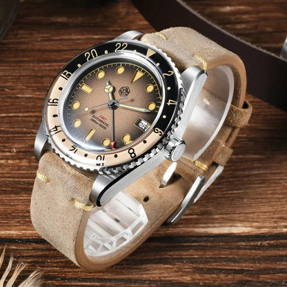 San Martin SN0134 – Men’s GMT Automatic Watch – Brown Dial Angled View on Wooden Surface