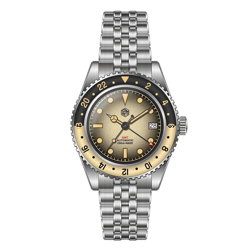 San Martin SN0134 – Men’s GMT Automatic Watch – Champagne Dial and Luminous Bezel on Steel Bracelet