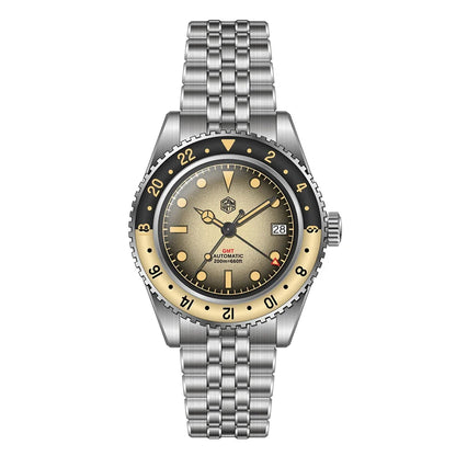 San Martin SN0134 – Men’s GMT Automatic Watch – Champagne Dial and Luminous Bezel on Steel Bracelet