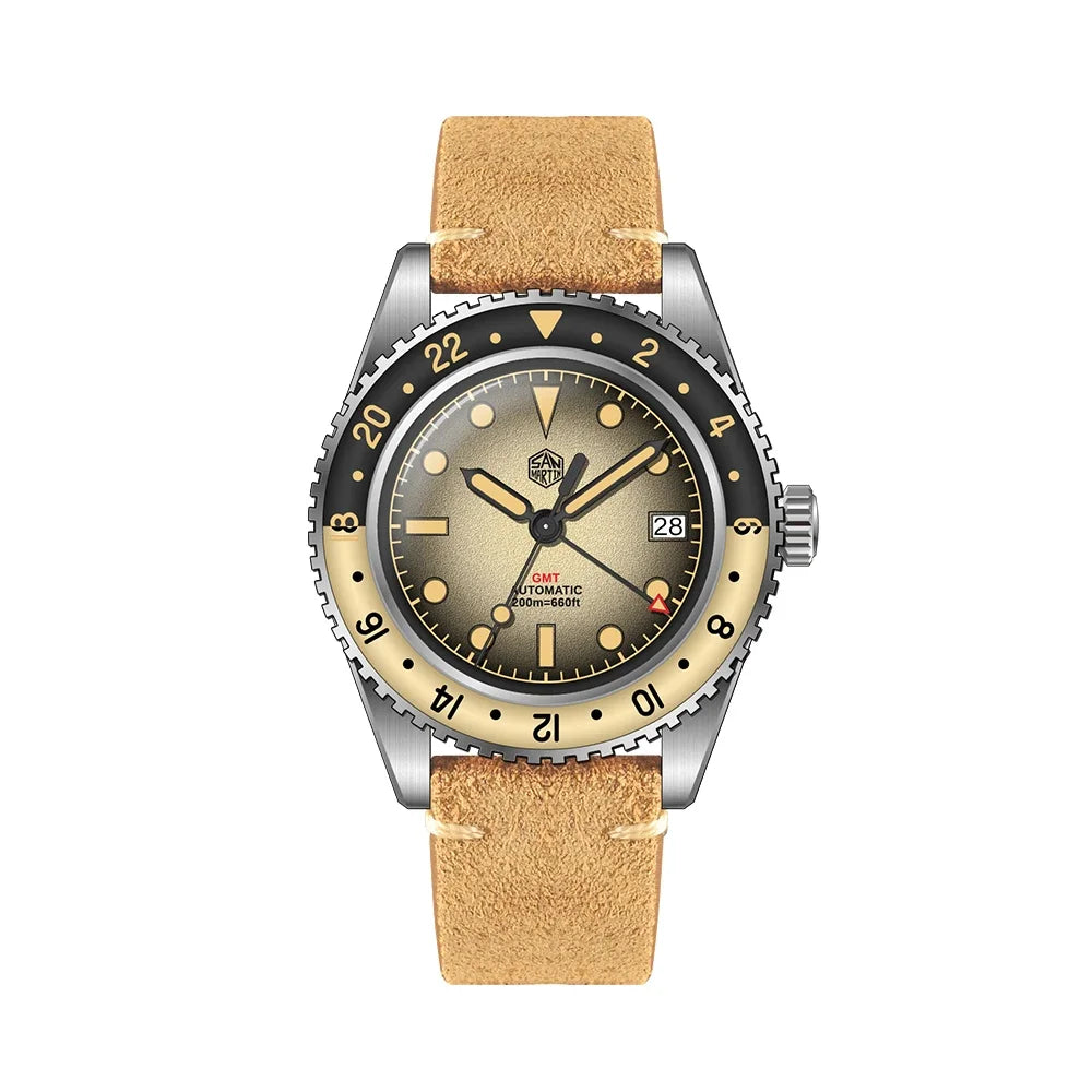 San Martin SN0134 – Men’s GMT Automatic Watch – Front View on Tan Leather Strap