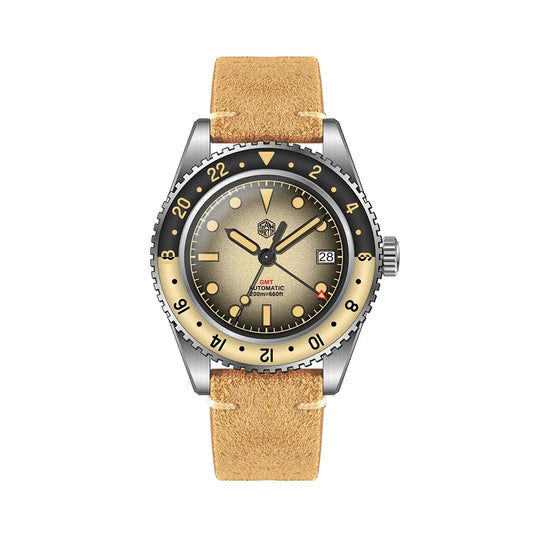 San Martin SN0134 – Men’s GMT Automatic Watch – Front View on Tan Leather Strap