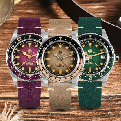 San Martin SN0134 – Men’s GMT Automatic Watch – Collection Trio Showing Purple, Brown, and Green Dials on Leather Straps