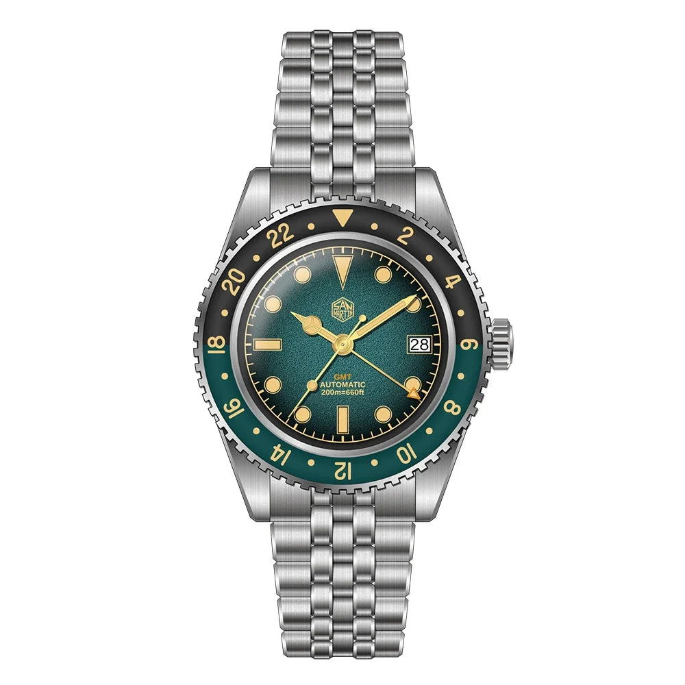 San Martin SN0134 – Men’s GMT Automatic Watch – Green Dial with Stainless-Steel Bracelet