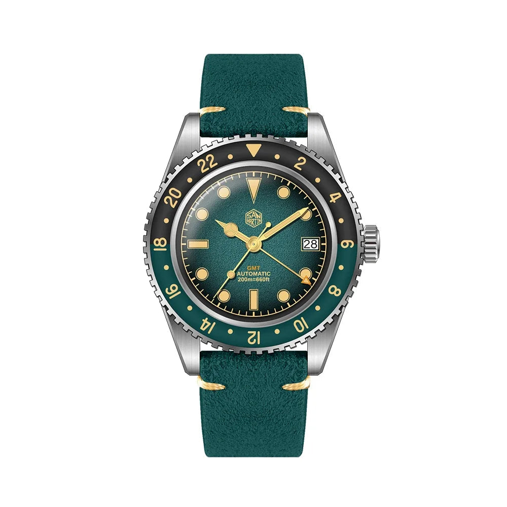 San Martin SN0134 – Men’s GMT Automatic Watch – Green Dial on Suede Leather Strap