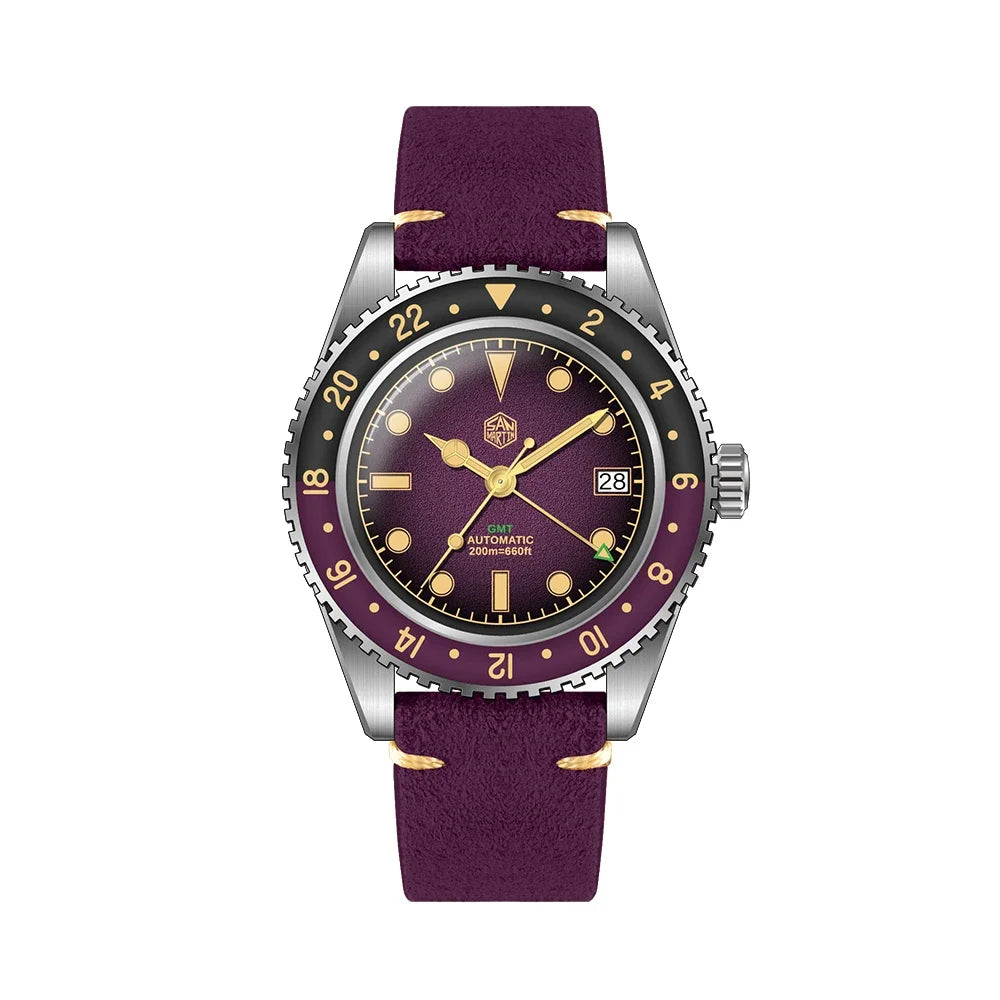 San Martin SN0134 – Men’s GMT Automatic Watch – Purple Dial on Matching Leather Strap