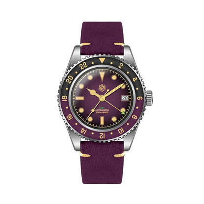 San Martin SN0134 – Men’s GMT Automatic Watch – Purple Dial on Matching Leather Strap