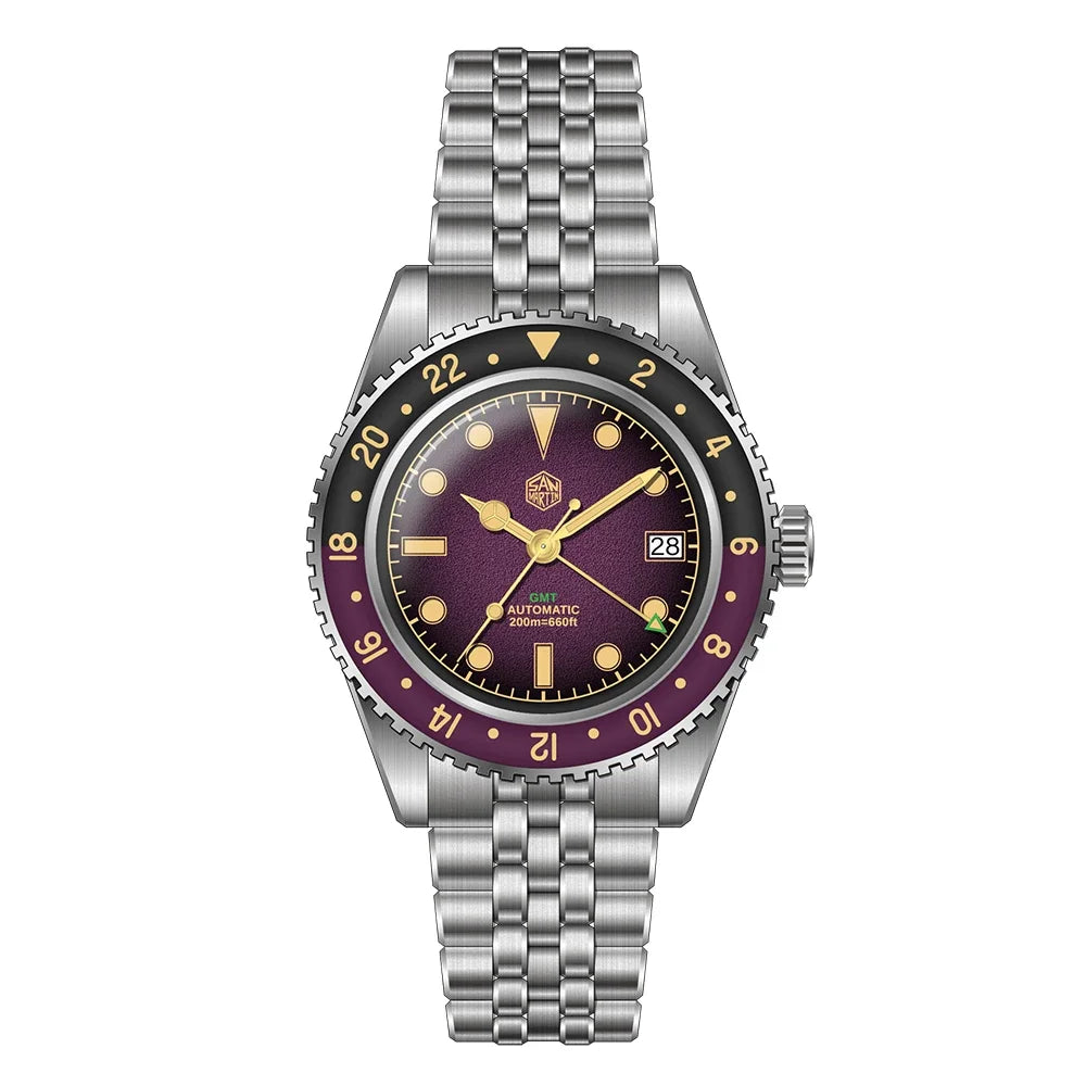 San Martin SN0134 – Men’s GMT Automatic Watch – Purple Dial with Stainless-Steel Bracelet Front View