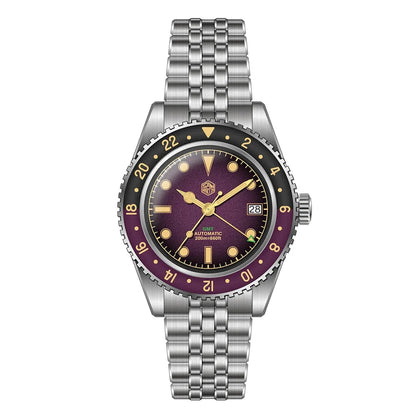 San Martin SN0134 – Men’s GMT Automatic Watch – Purple Dial with Stainless-Steel Bracelet Front View