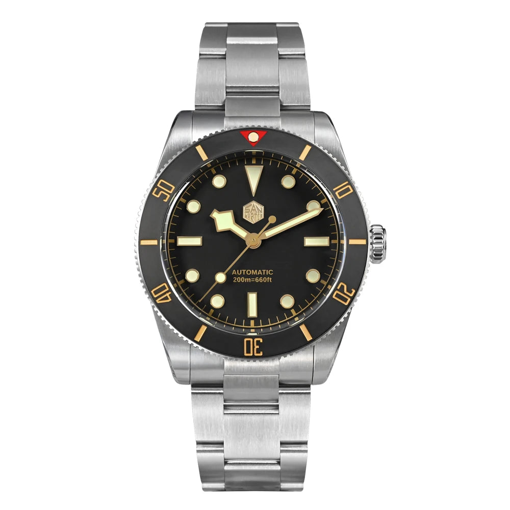 San Martin SN0138 Black Dial – 37mm Vintage Diver Automatic Watch with Gold Markers and Stainless Steel Bracelet