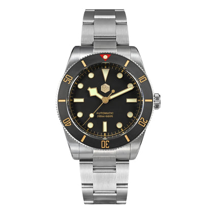 San Martin SN0138 Black Dial – 37mm Vintage Diver Automatic Watch with Gold Markers and Stainless Steel Bracelet