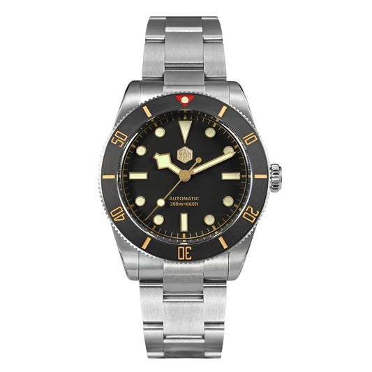 San Martin SN0138 Black Dial – 37mm Vintage Diver Automatic Watch with Gold Markers and Stainless Steel Bracelet