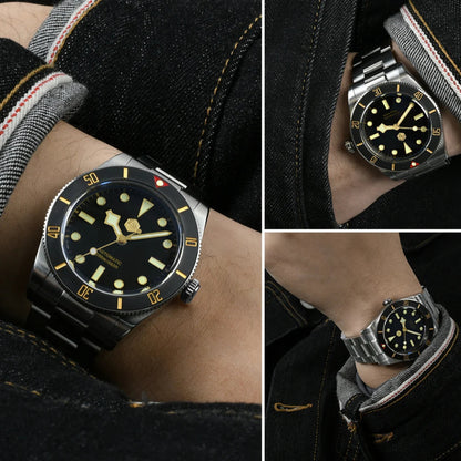San Martin SN0138 Black Dial Diver Watch – Wrist shots showing luminous gold markers and classic 37mm case design