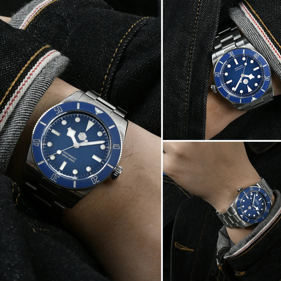 San Martin SN0138 Blue Dial Diver Watch – Wrist shots showing luminous hour markers and polished stainless steel bracelet