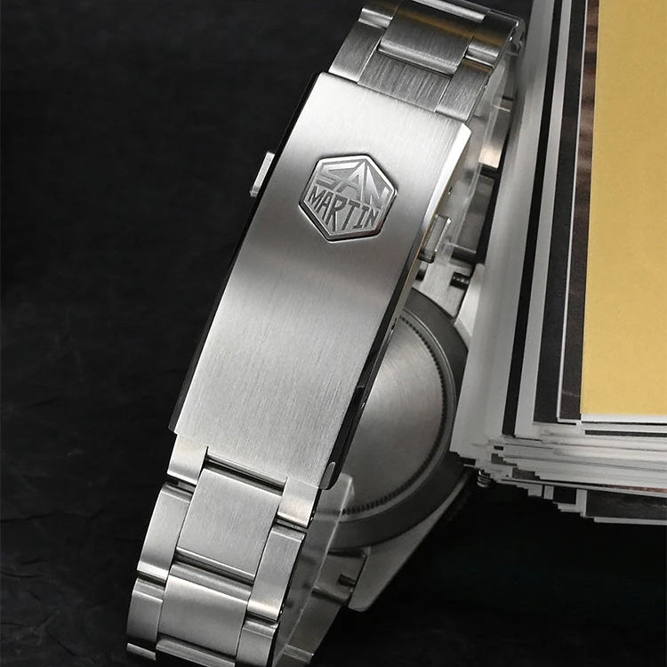 San Martin SN0138 Bracelet Detail – 316L Stainless Steel Band with Engraved Logo Adjustable Clasp