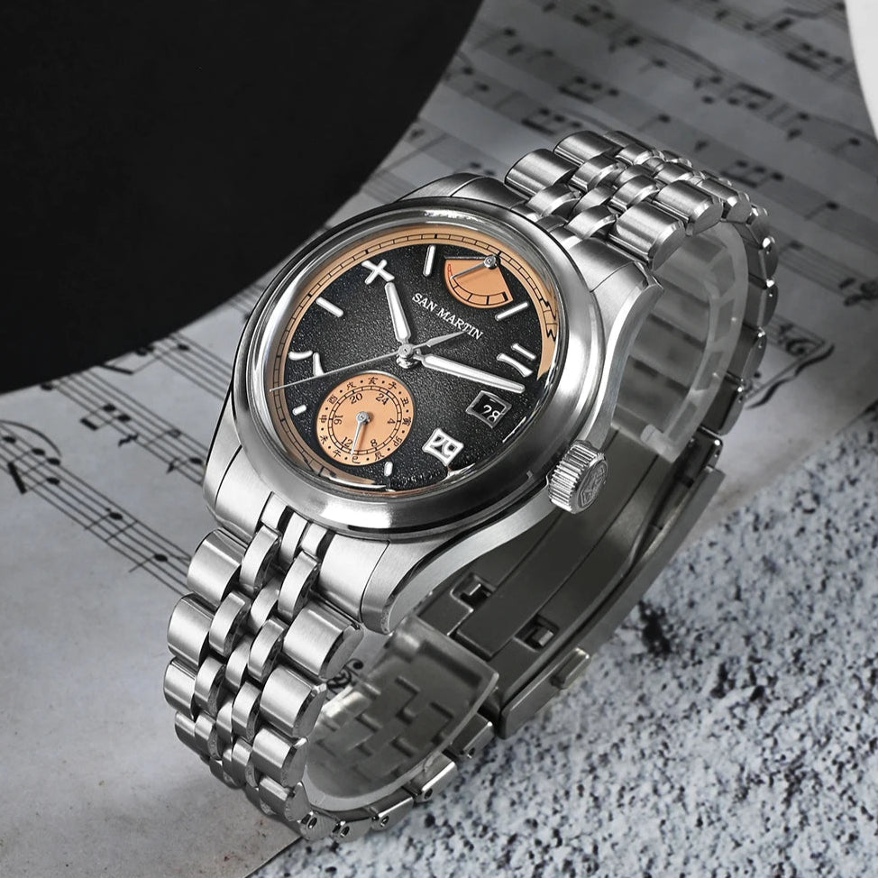 Close-up side profile of San Martin SN0144-DG automatic mechanical watch with power reserve display