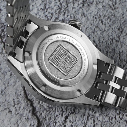 Engraved stainless steel case back of San Martin SN0144-DG automatic mechanical watch