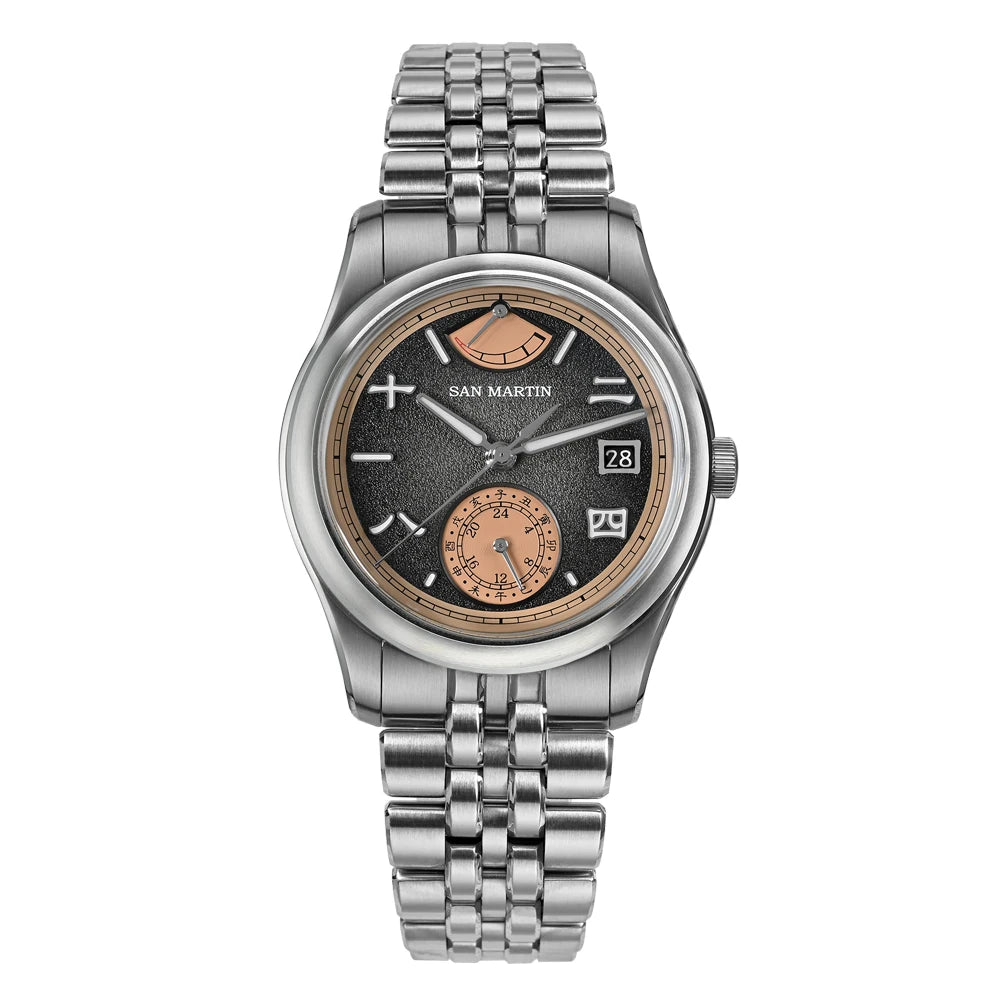 San Martin SN0144-DG automatic mechanical watch with grey gradient dial and power reserve indicator