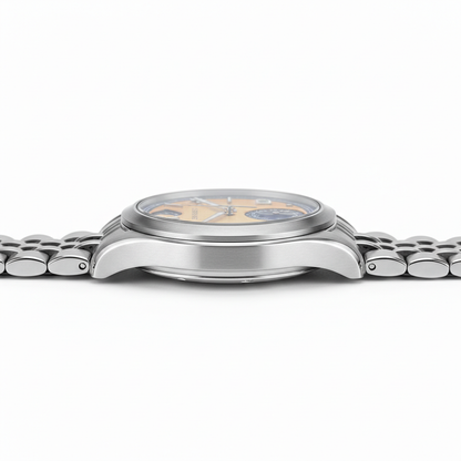 Side profile of the San Martin SN0144-DG automatic watch highlighting slim case design, sapphire crystal, and stainless steel bracelet