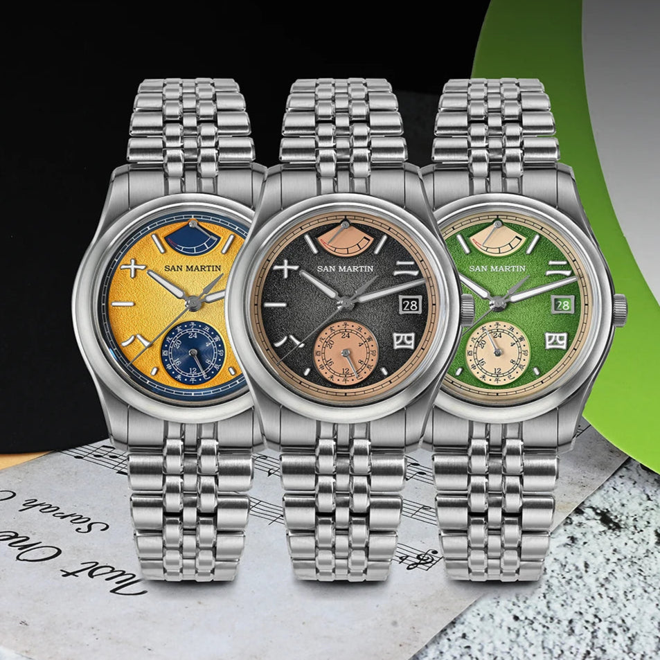 Three San Martin SN0144-DG automatic mechanical watches in gold, green, and grey gradient dials