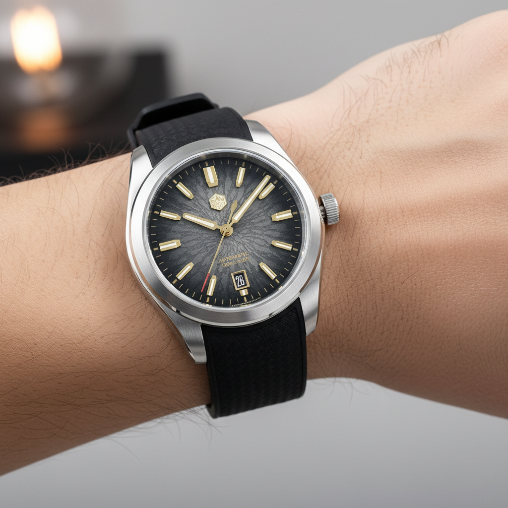 San Martin SN0144-GS dragon scale dial automatic watch worn on wrist with black rubber strap
