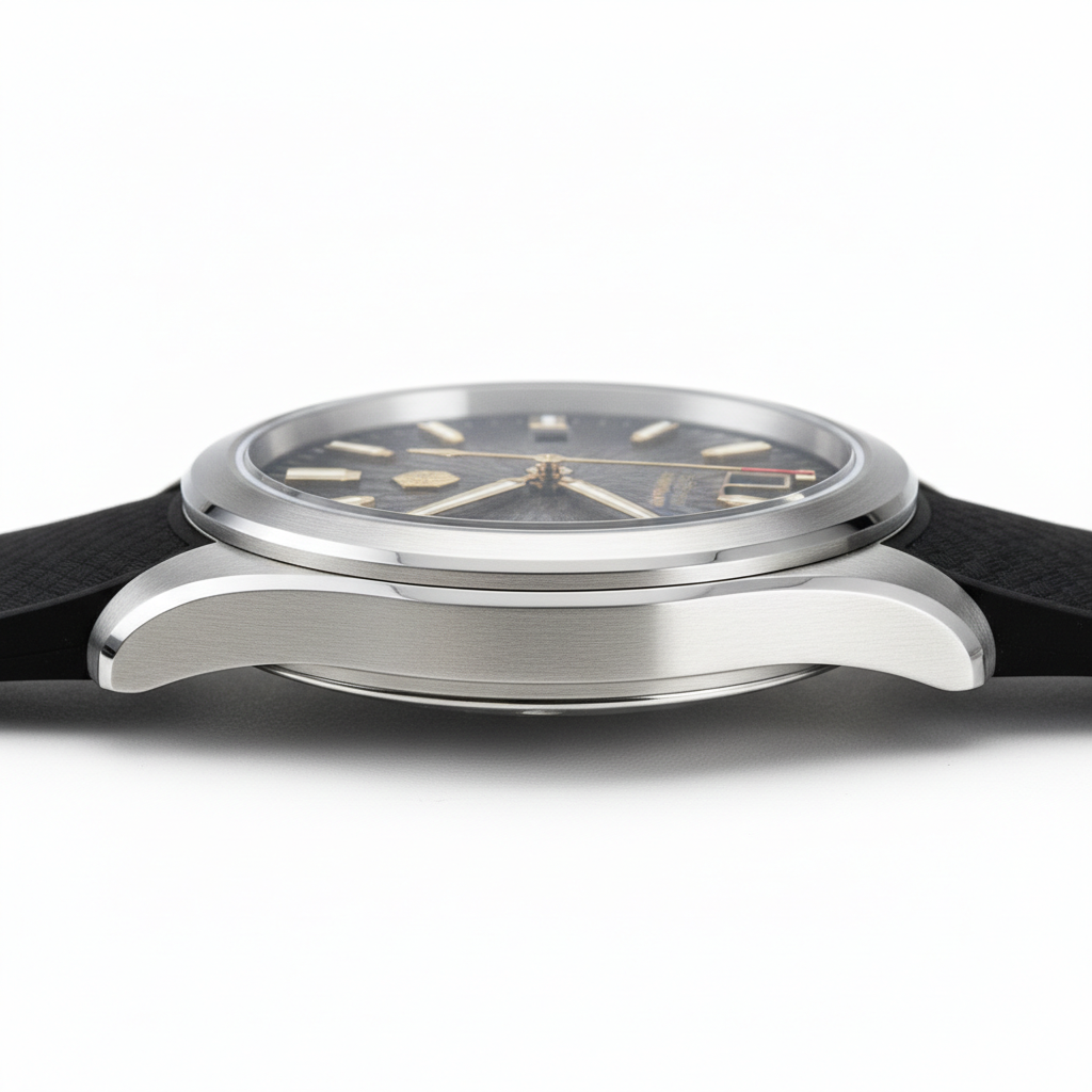 San Martin SN0144-GS automatic watch side profile showing stainless steel case thickness and sapphire crystal