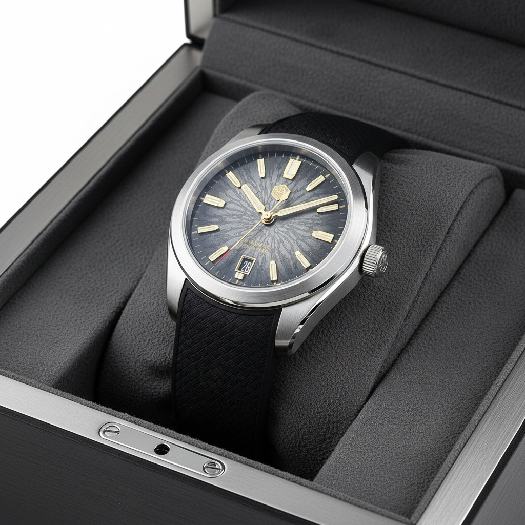 San Martin SN0144-GS dragon scale dial automatic watch displayed in original presentation box