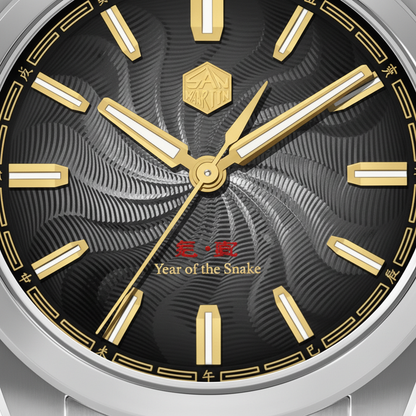 San Martin SN0144-GX6 automatic men’s watch macro detail of black guilloche dial with gold indices and hands