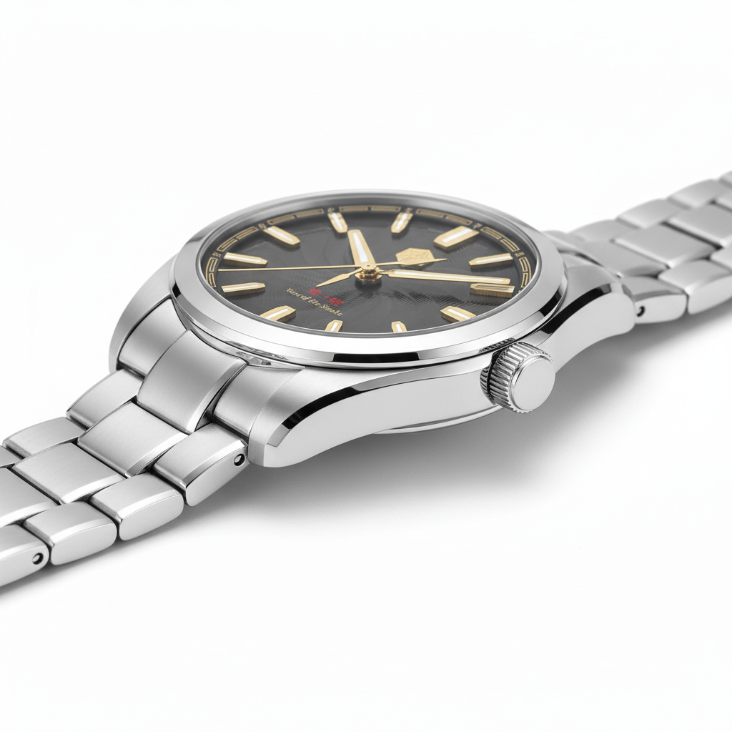 San Martin SN0144-GX6 automatic men’s watch side view highlighting polished stainless steel case and crown