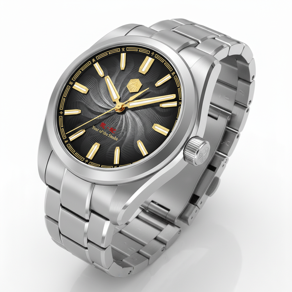 San Martin SN0144-GX6 automatic men’s watch three quarter view showcasing black guilloche dial and stainless steel bracelet