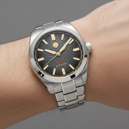 San Martin SN0144-GX6 automatic men’s watch wrist shot with black guilloche dial and gold tone hands