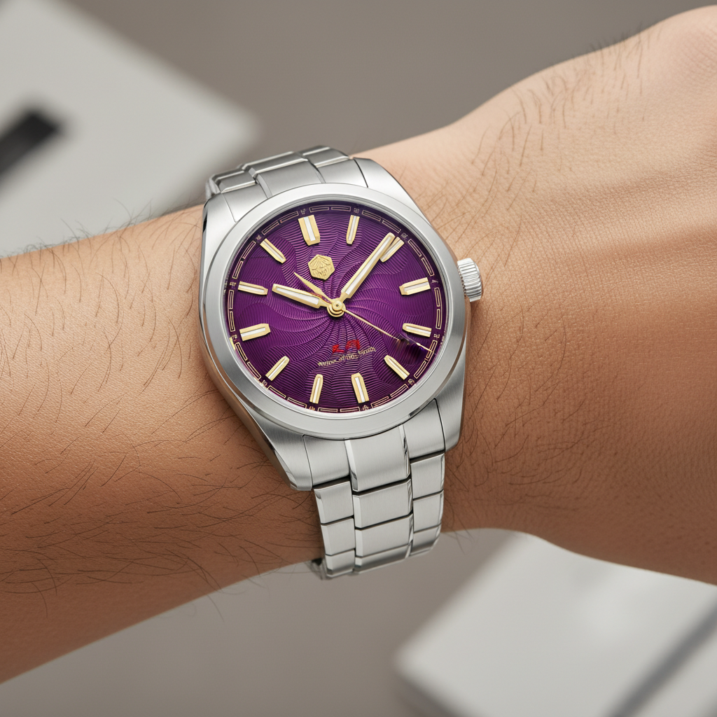 San Martin SN0144-GX6 automatic men’s watch worn on wrist, stainless steel bracelet with black guilloche dial and gold indices