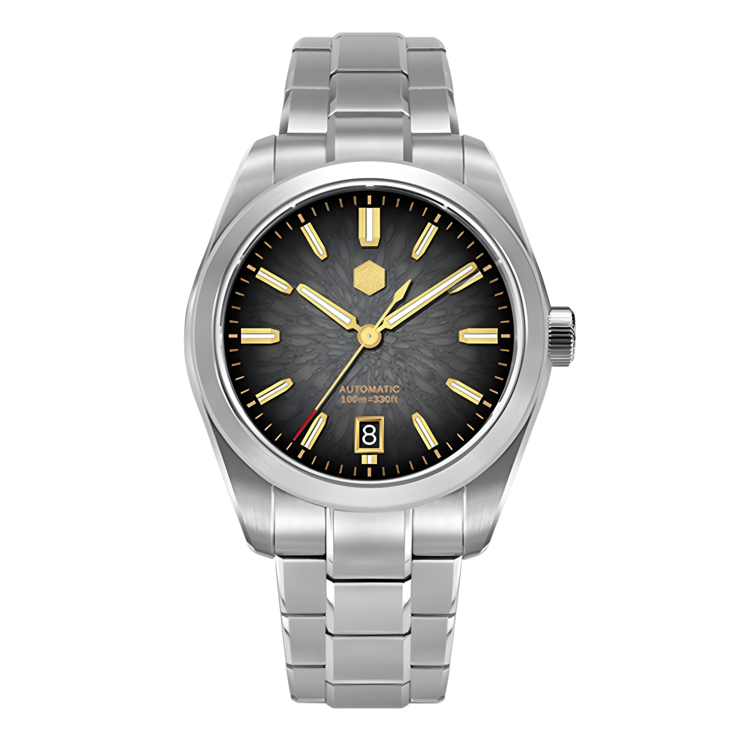 San Martin SN0144GS Dragon Scale Dial Automatic Watch with black textured dial and gold tone markers, stainless steel bracelet, luxury automatic watch front view