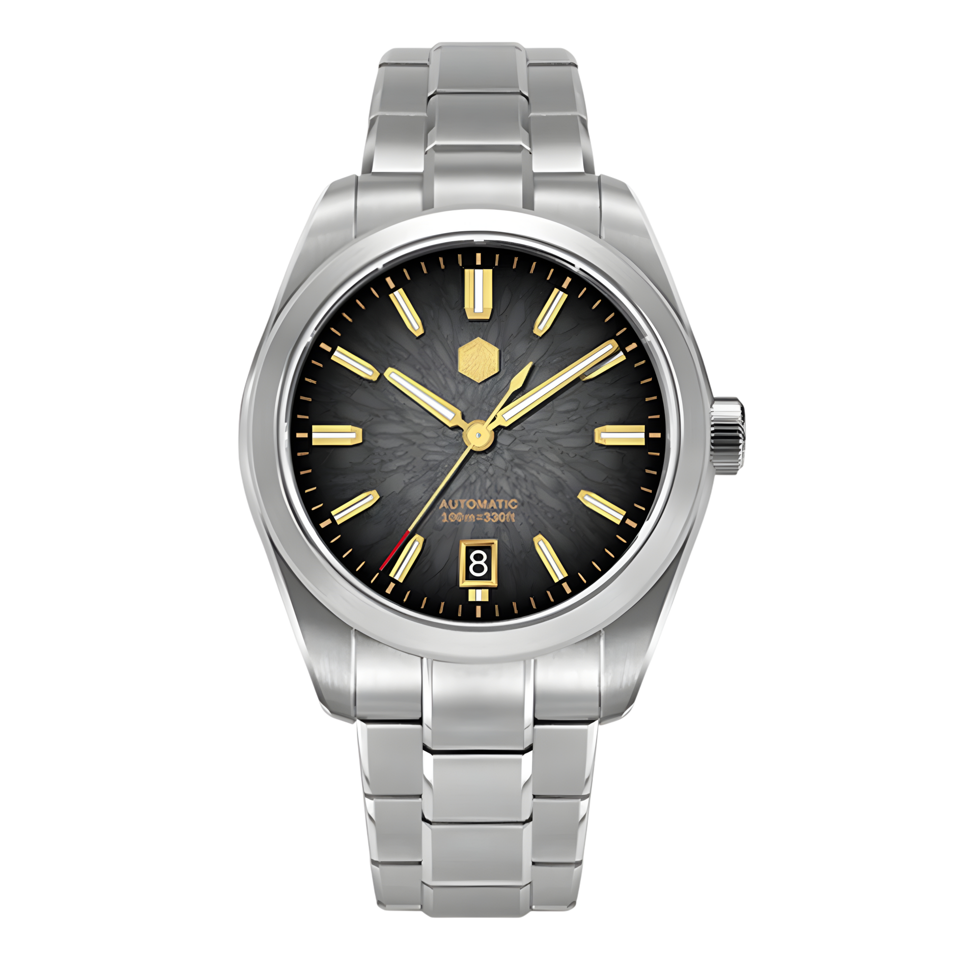 San Martin SN0144GS Dragon Scale Dial Automatic Watch with black textured dial and gold tone markers, stainless steel bracelet, luxury automatic watch front view