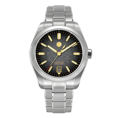 San Martin SN0144GS Dragon Scale Dial Automatic Watch with black textured dial and gold tone markers, stainless steel bracelet, luxury automatic watch front view