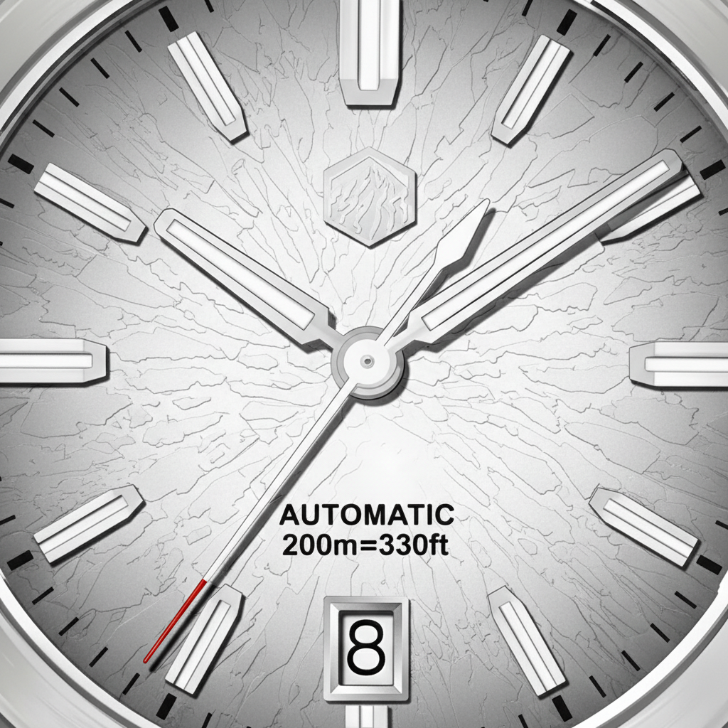 San Martin SN0144GS automatic watch macro view showing dragon scale dial texture luminous indices and date window