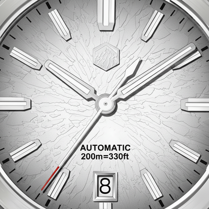 San Martin SN0144GS automatic watch macro view showing dragon scale dial texture luminous indices and date window