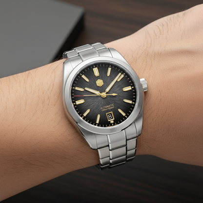 San Martin SN0144GS automatic watch worn on wrist featuring silver dragon scale textured dial and stainless steel bracelet