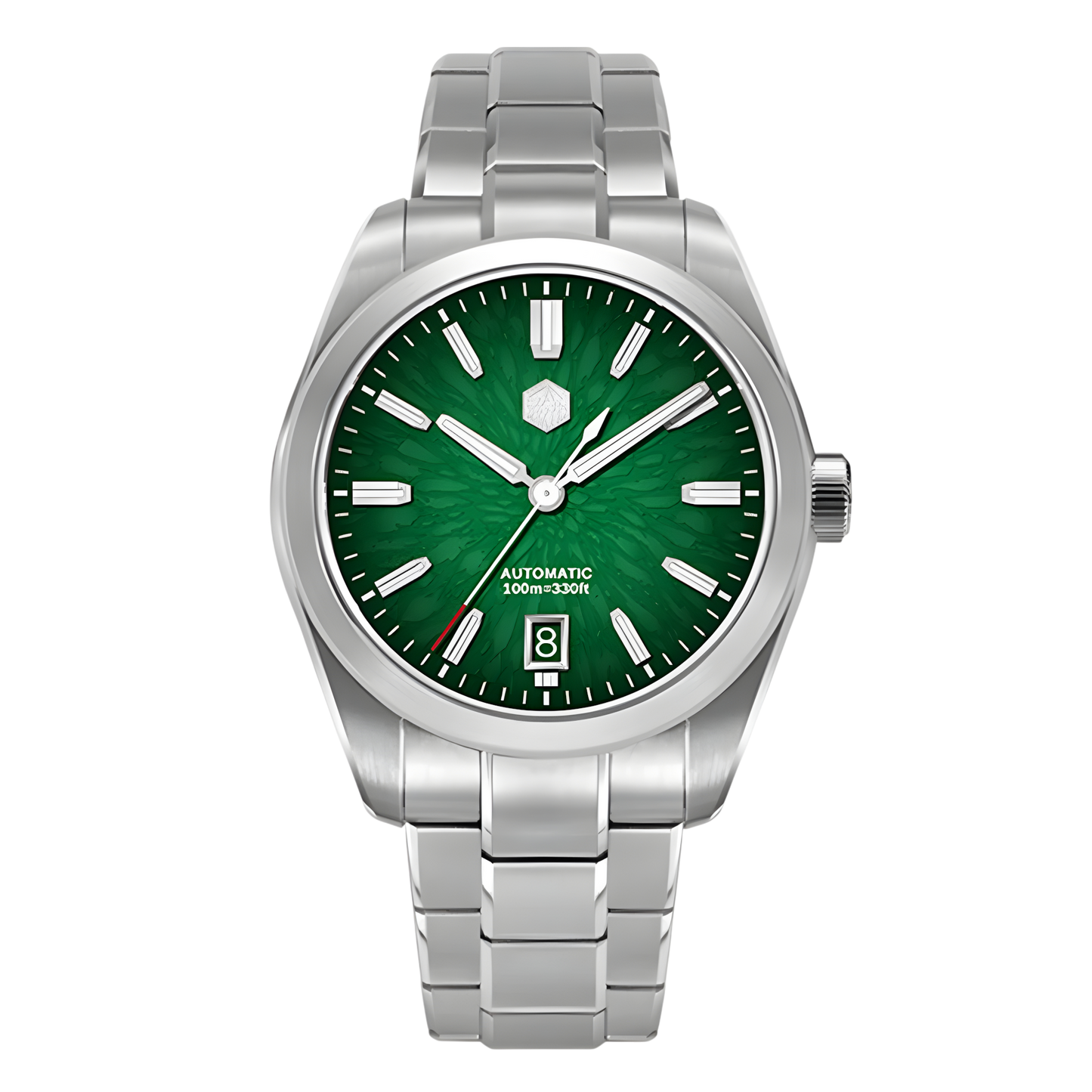 San Martin SN0144GS Dragon Scale Dial Automatic Watch with green textured dial, stainless steel bracelet, automatic movement, front view on black background