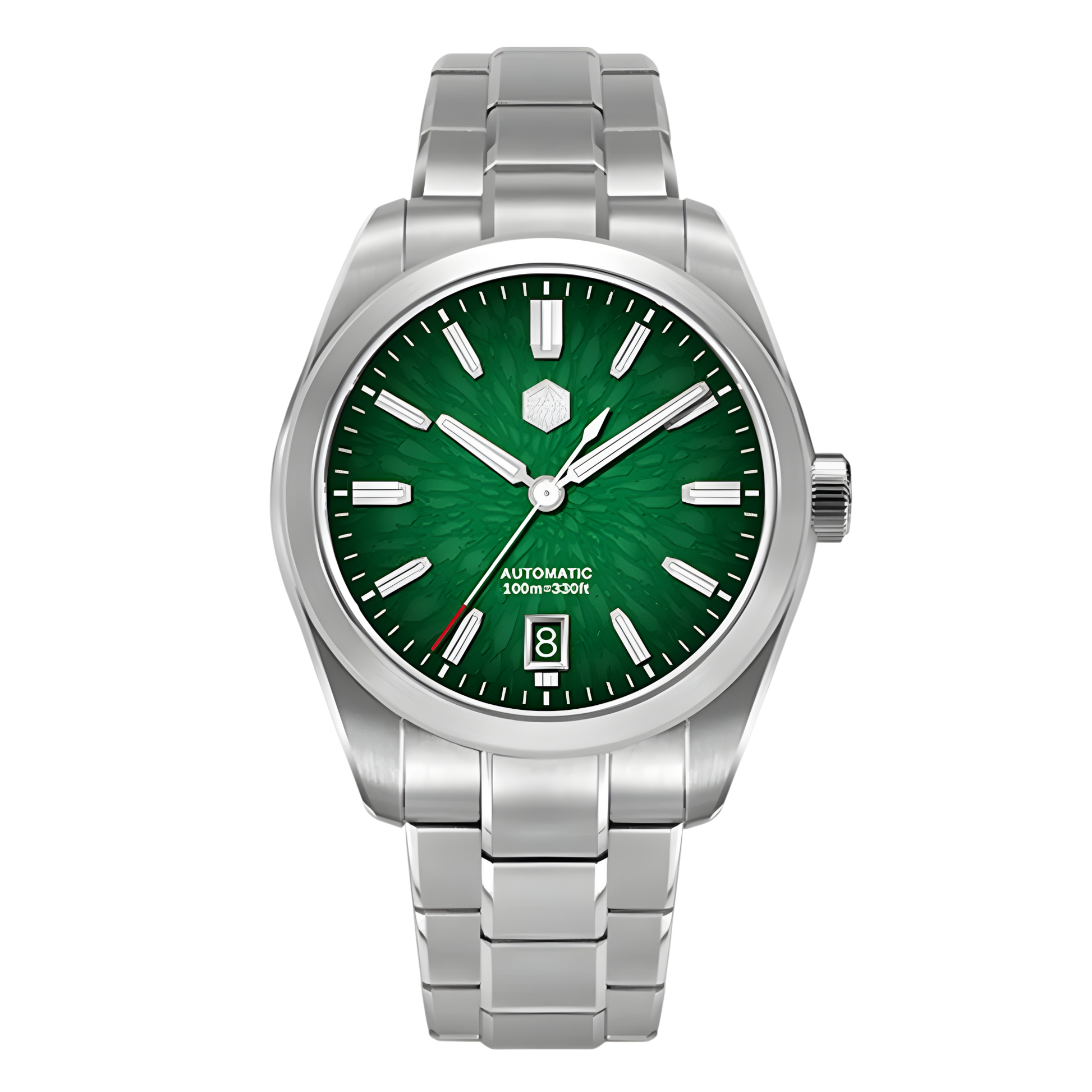 San Martin SN0144GS Dragon Scale Dial Automatic Watch with green textured dial, stainless steel bracelet, automatic movement, front view on black background