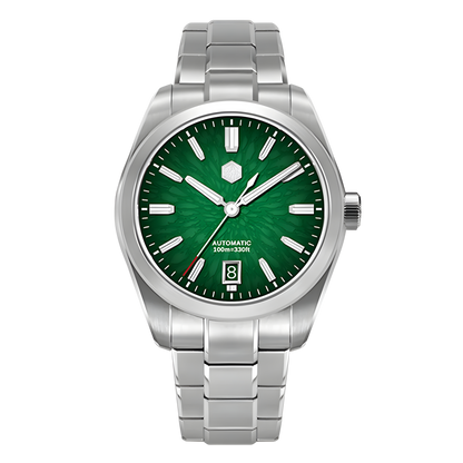 San Martin SN0144GS Dragon Scale Dial Automatic Watch with green textured dial, stainless steel bracelet, automatic movement, front view on black background