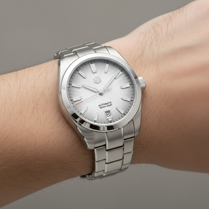 San Martin SN0144GS stainless steel automatic watch worn on wrist with silver dragon scale dial and bracelet