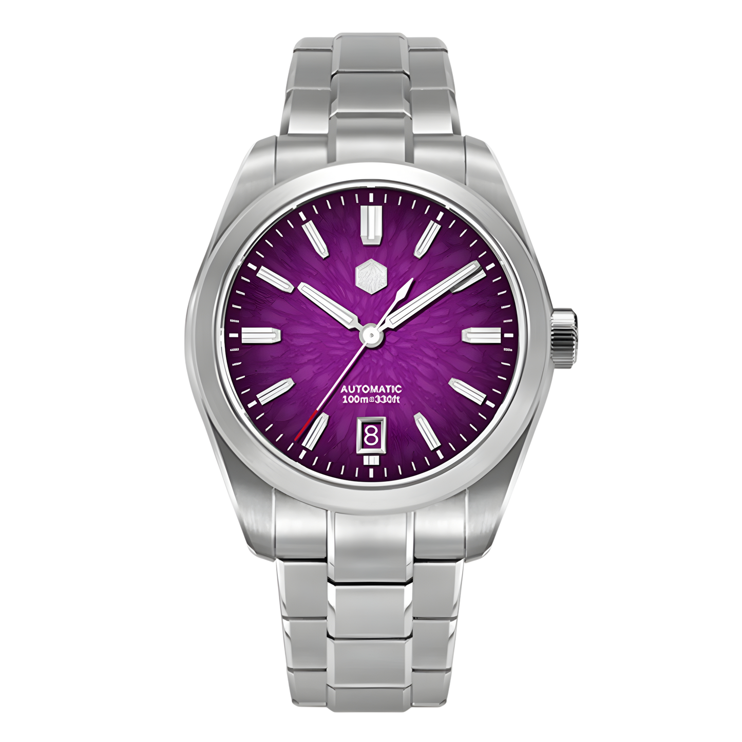San Martin SN0144GS Dragon Scale Dial Automatic Watch featuring purple dragon scale textured dial, stainless steel bracelet, automatic watch front view