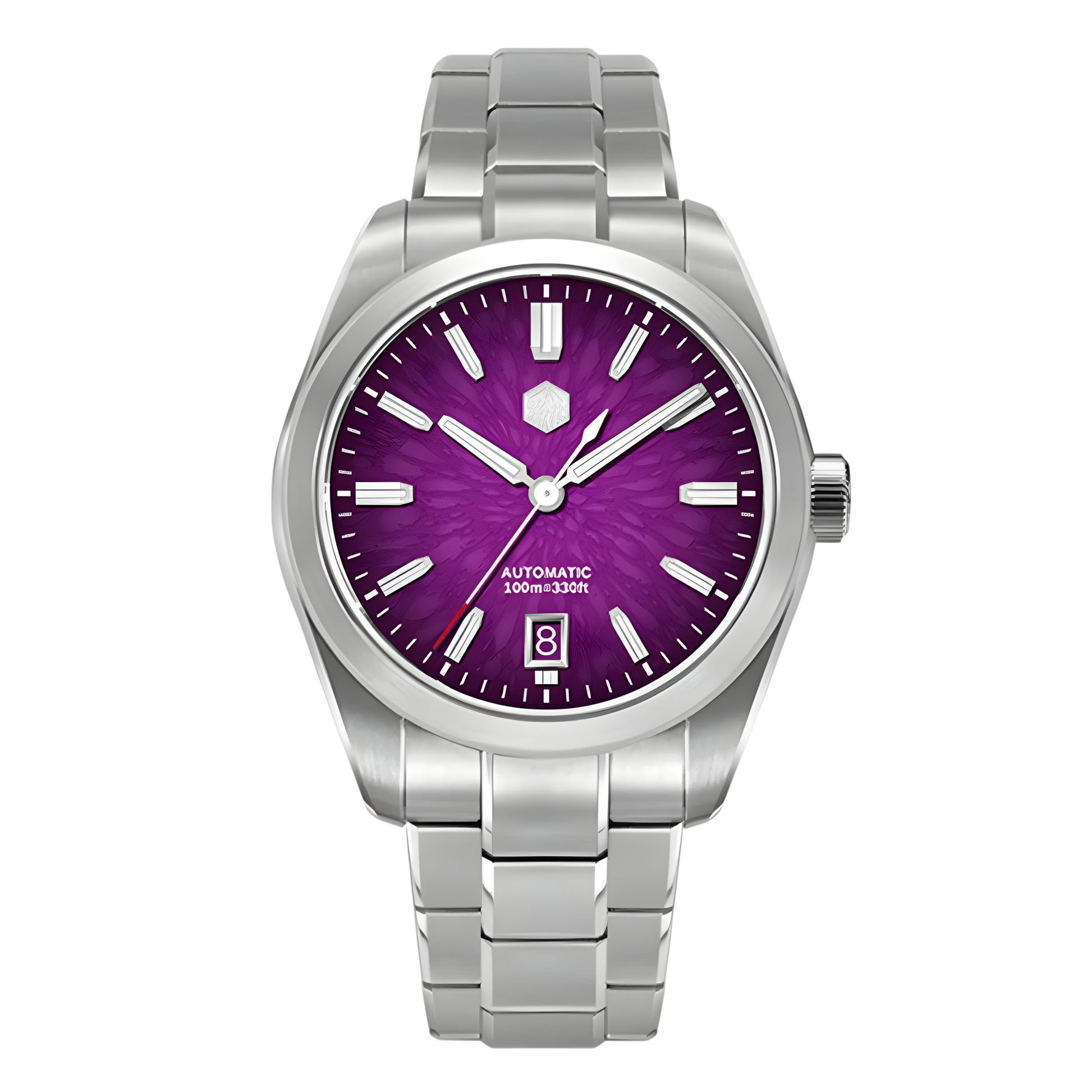 San Martin SN0144GS Dragon Scale Dial Automatic Watch featuring purple dragon scale textured dial, stainless steel bracelet, automatic watch front view